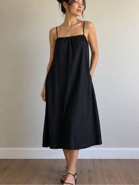 a new day Black Linen Blend Midi Dress with Spaghetti Straps Size Small